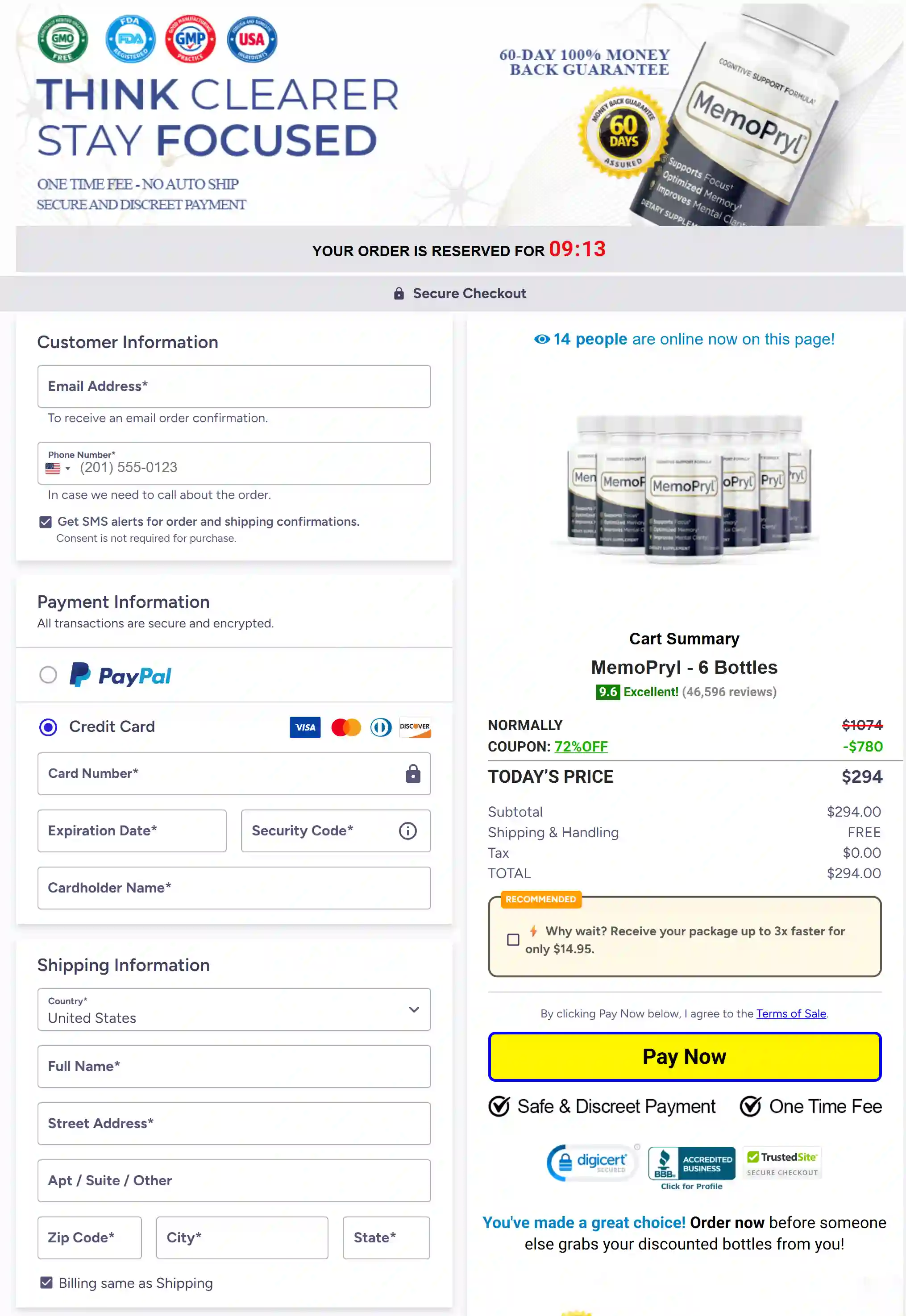MemoPryl™ checkout page